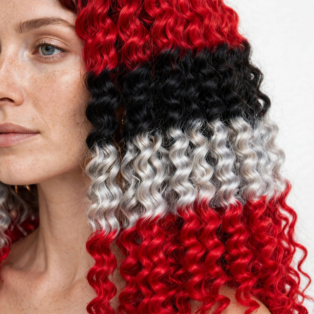 Crimson Banded long curly ombre cosplay wig - close-up of curls and ombre color