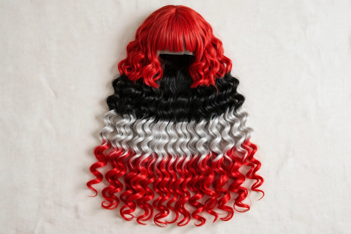 Crimson Banded long curly ombre cosplay wig - flat lay