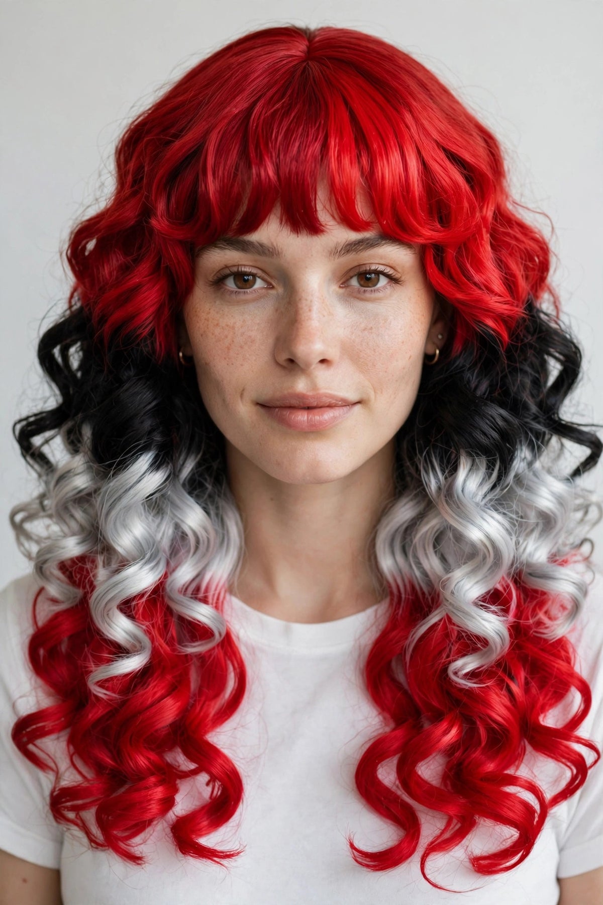 Crimson Banded long curly ombre cosplay wig - front view on model