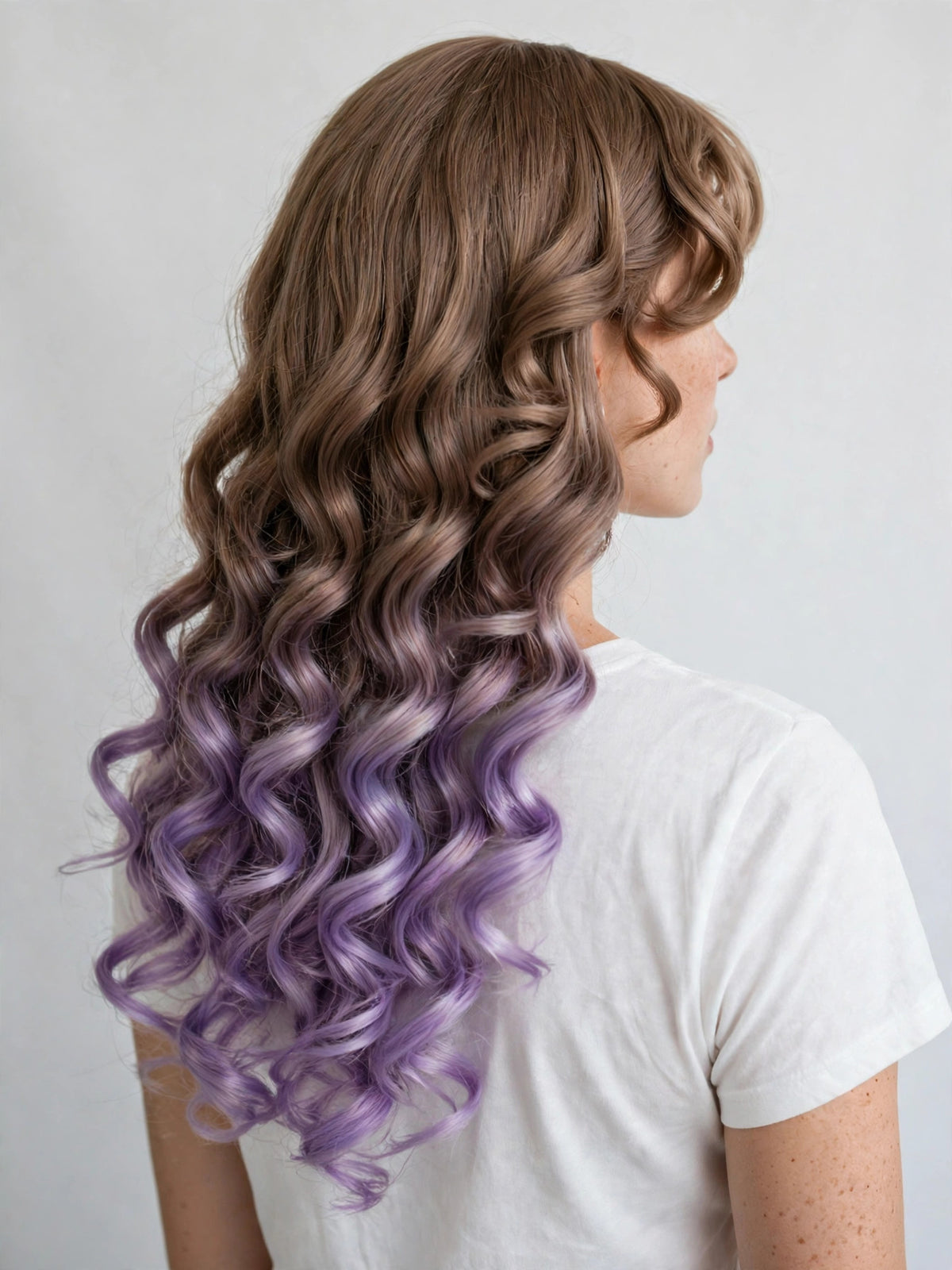 Brown Lavender Ombre long curly ombre cosplay wig - back view showing full length
