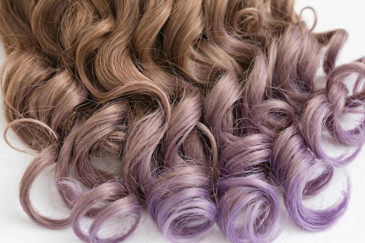 Brown Lavender Ombre long curly ombre cosplay wig - close-up of curls and ombre color
