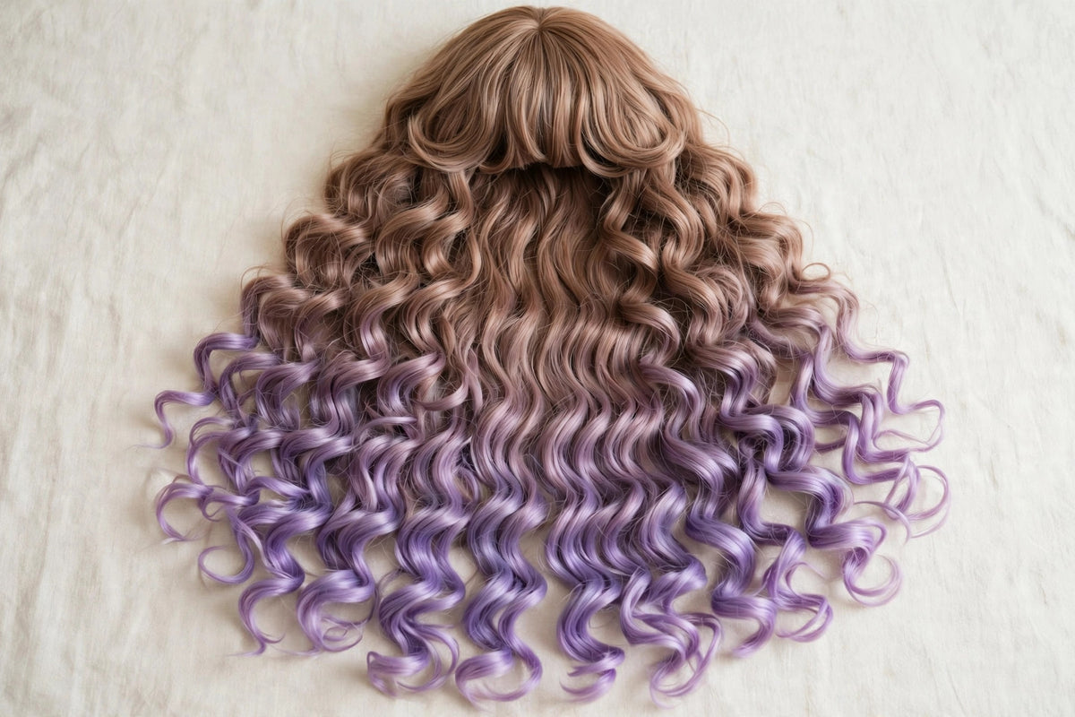 Brown Lavender Ombre long curly ombre cosplay wig - flat lay