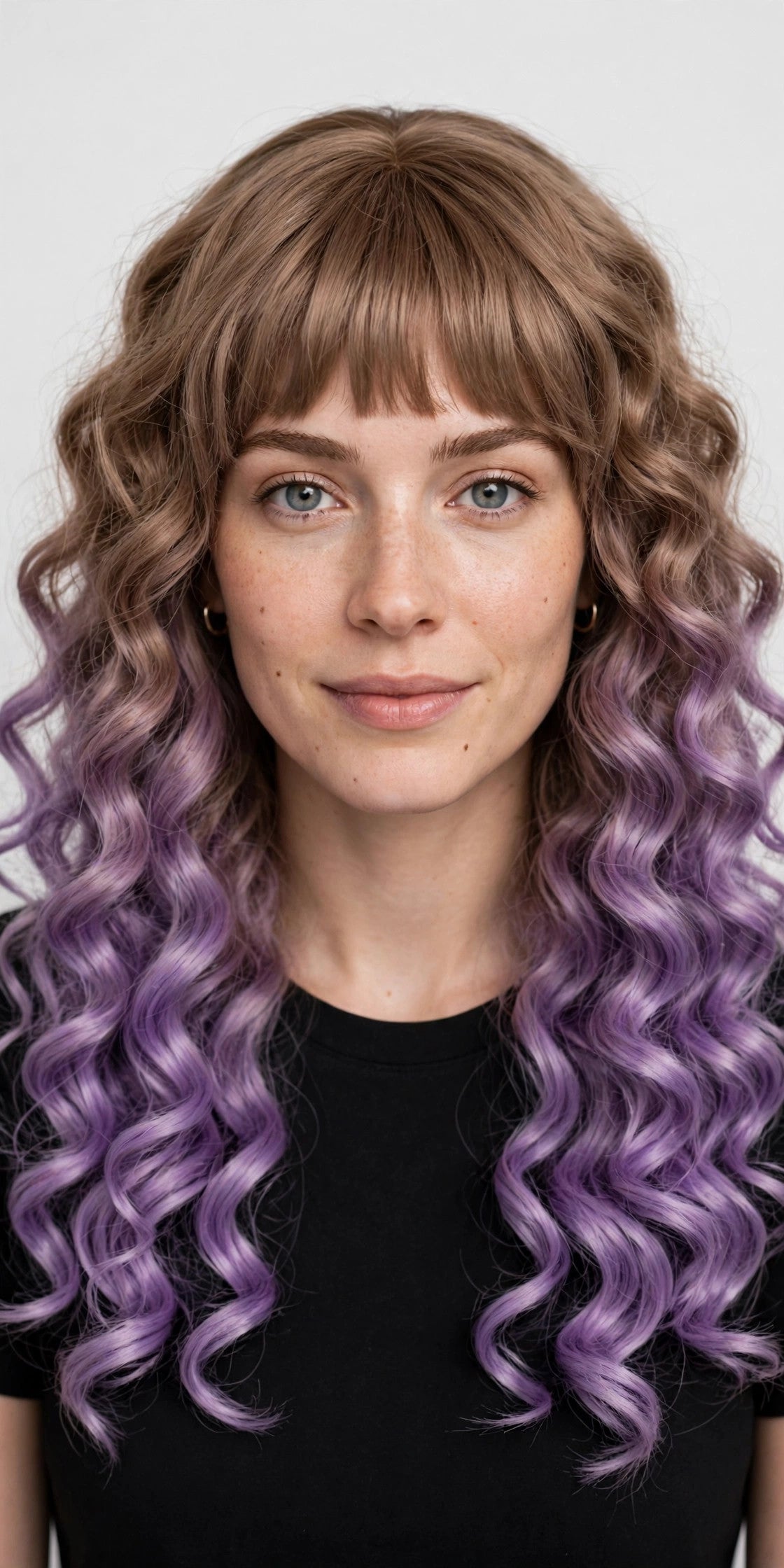 Brown Lavender Ombre long curly ombre cosplay wig - front view on model
