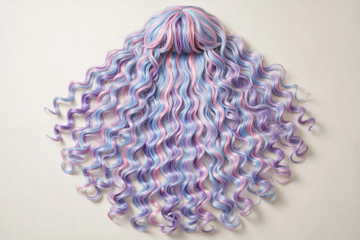 Pastel Dream Mix long curly ombre cosplay wig - flat lay