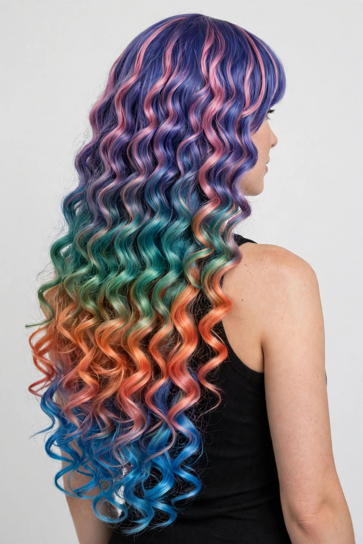 Galaxy Rainbow Ombre long curly ombre cosplay wig - back view showing full length