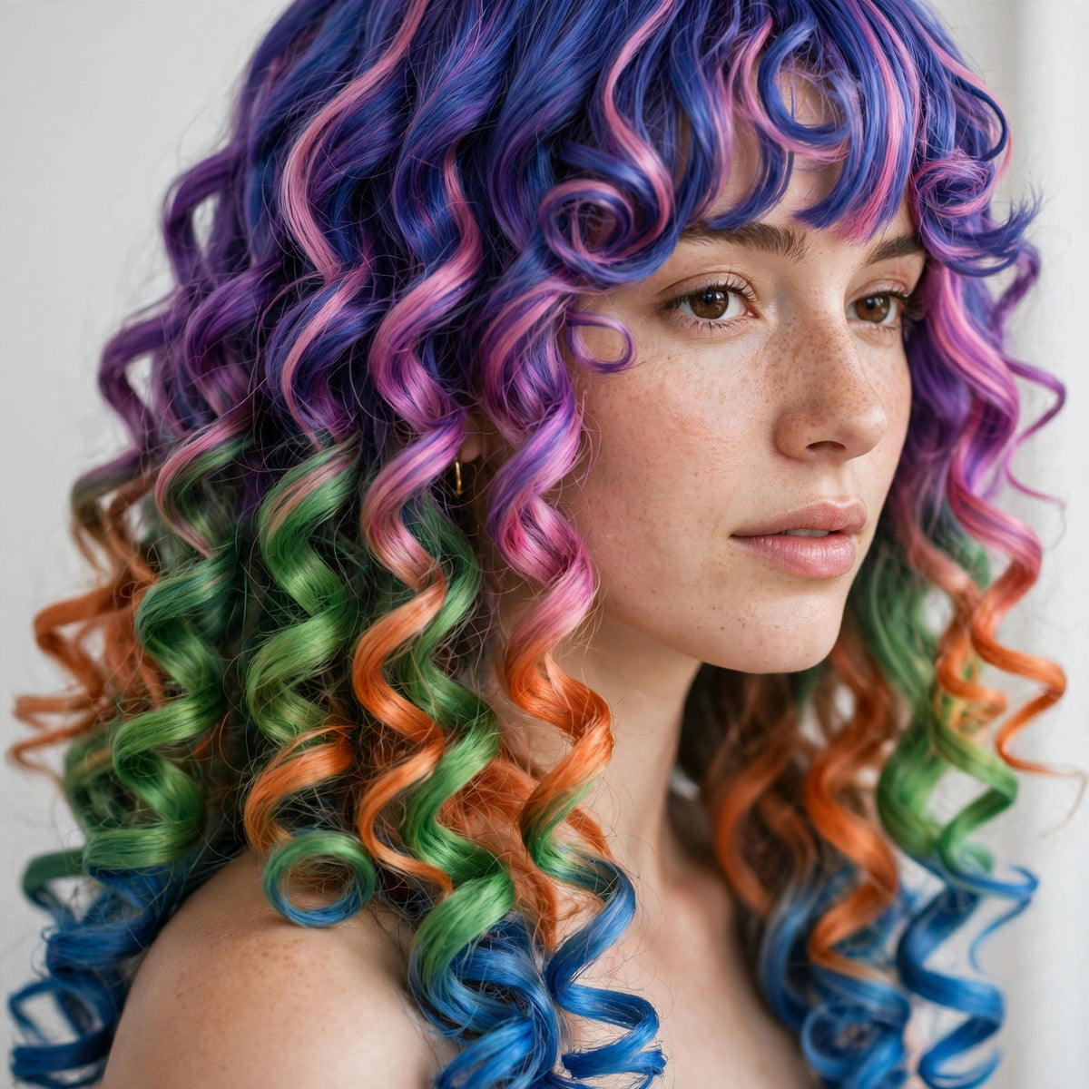 Galaxy Rainbow Ombre long curly ombre cosplay wig - close-up of curls and ombre color