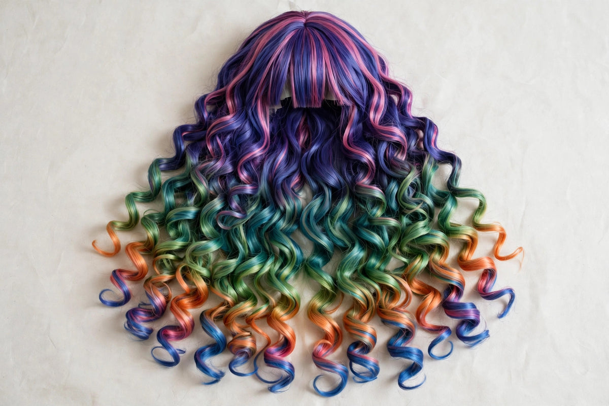 Galaxy Rainbow Ombre long curly ombre cosplay wig - flat lay