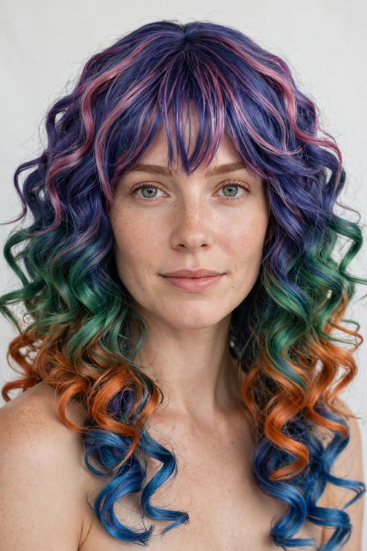 Galaxy Rainbow Ombre long curly ombre cosplay wig - front view on model