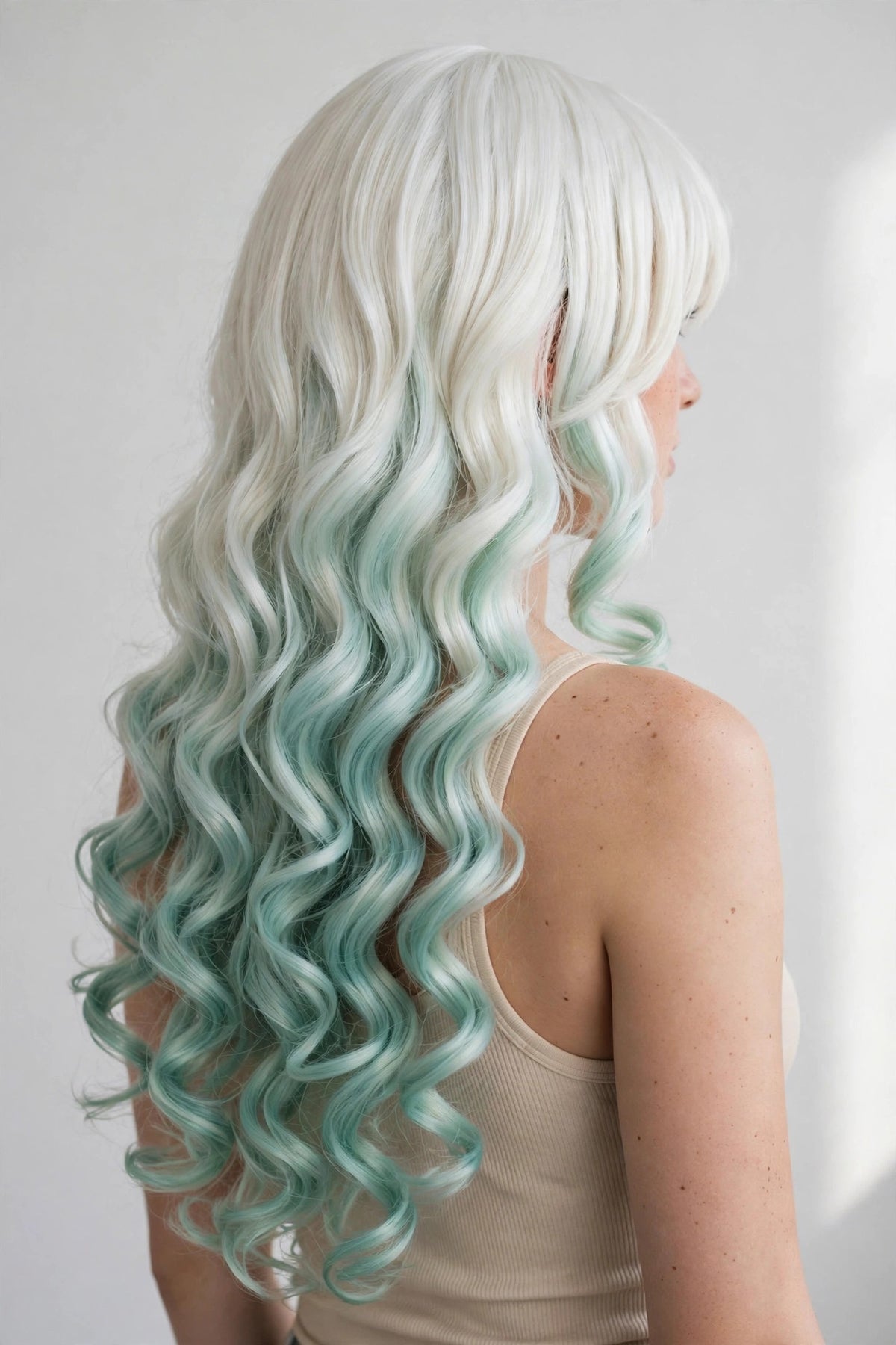 Platinum Mint Ombre long curly ombre cosplay wig - back view showing full length