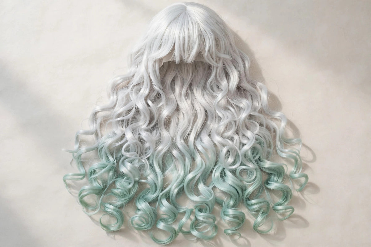 Platinum Mint Ombre long curly ombre cosplay wig - flat lay