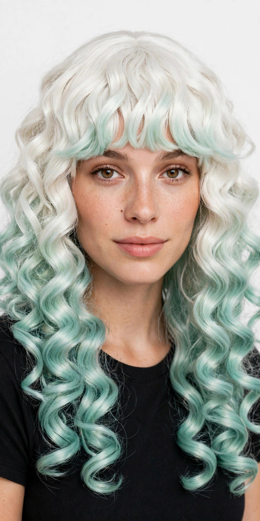 Platinum Mint Ombre long curly ombre cosplay wig - front view on model