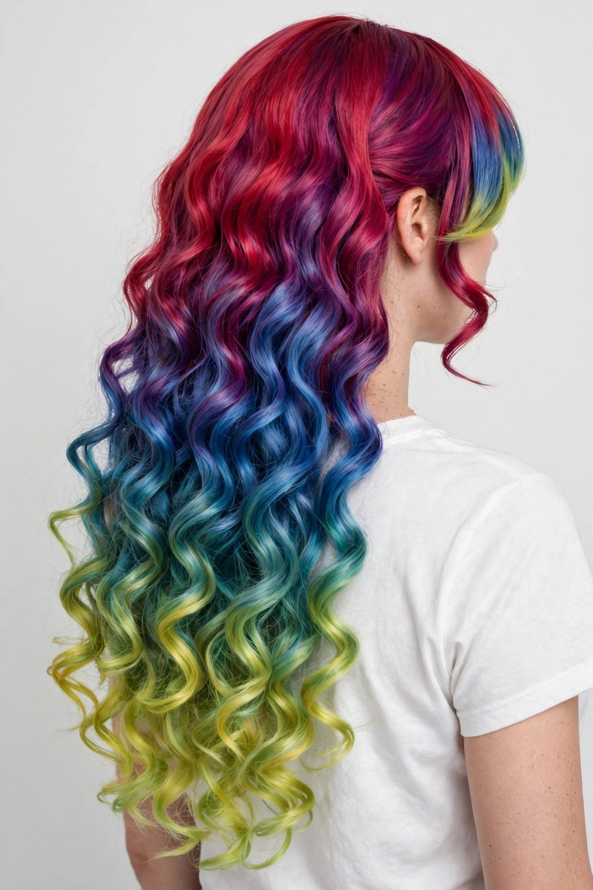 Sunset Rainbow Ombre long curly ombre cosplay wig - back view showing full length
