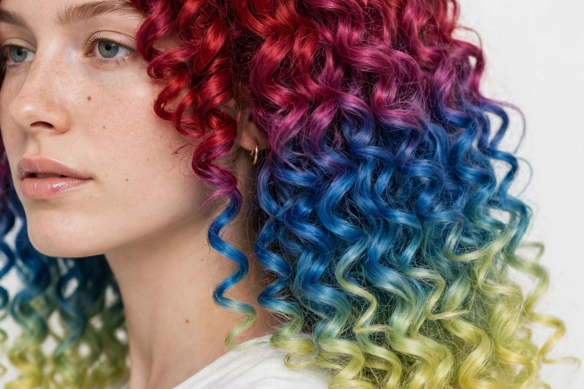 Sunset Rainbow Ombre long curly ombre cosplay wig - close-up of curls and ombre color