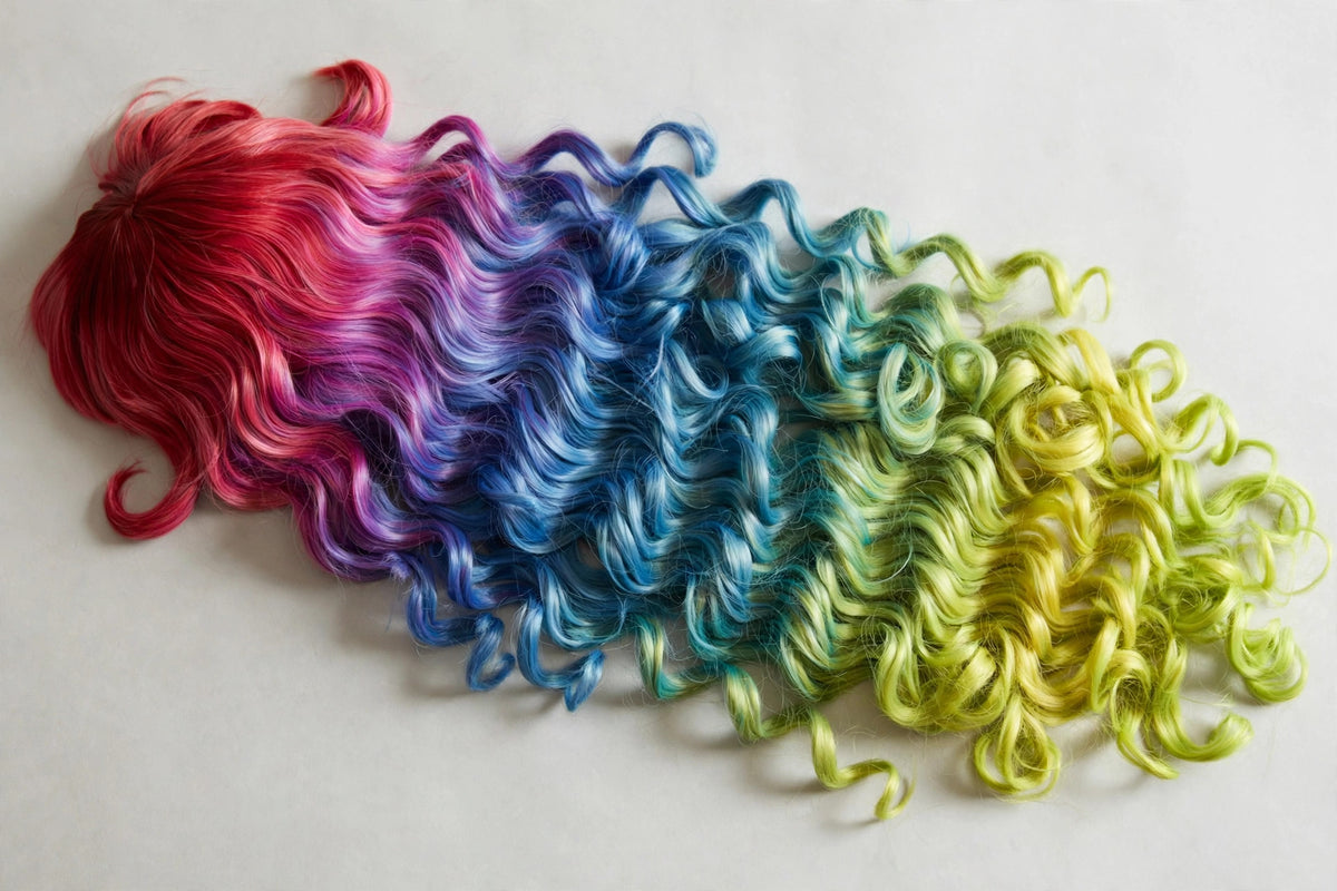Sunset Rainbow Ombre long curly ombre cosplay wig - flat lay