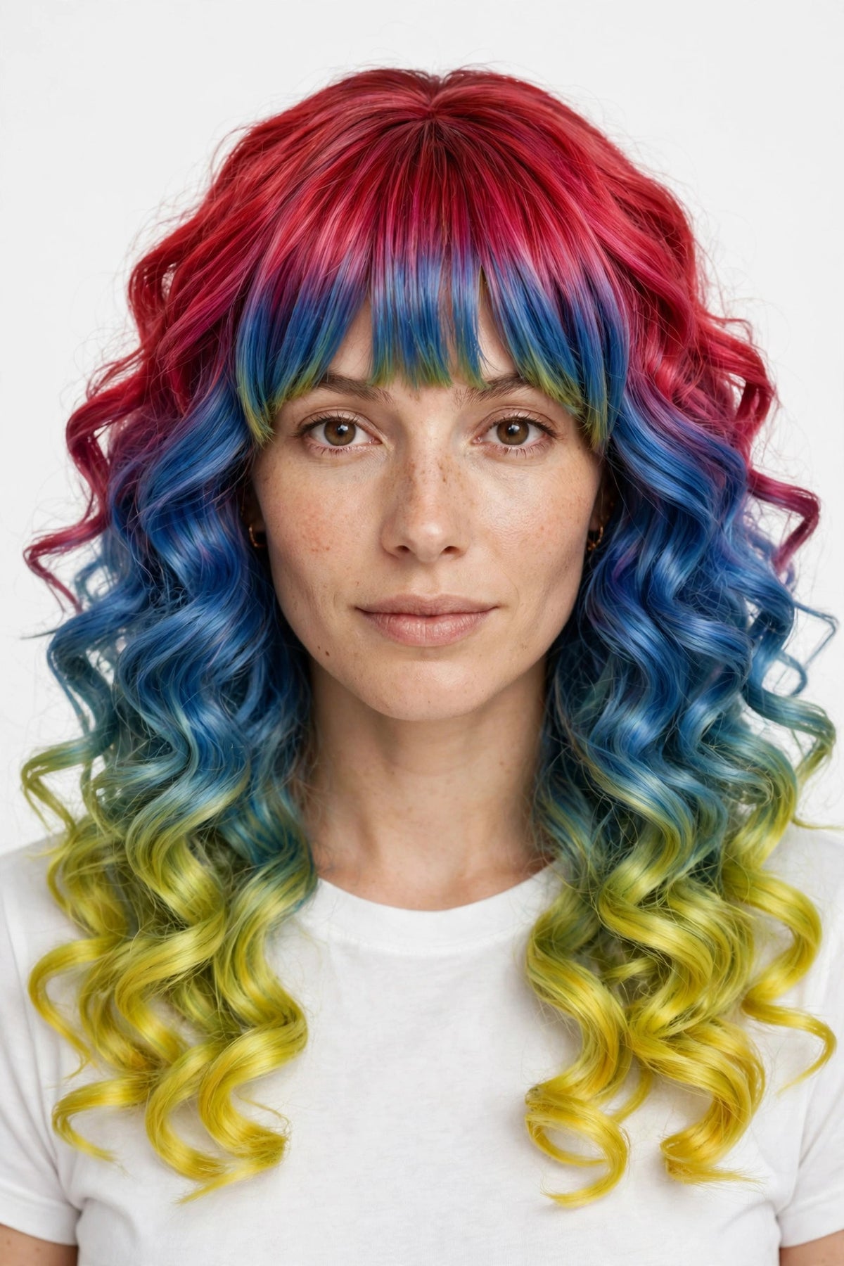 Sunset Rainbow Ombre long curly ombre cosplay wig - front view on model