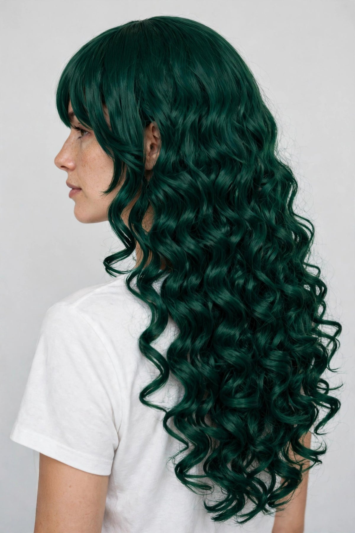 Emerald Green long curly ombre cosplay wig - back view showing full length
