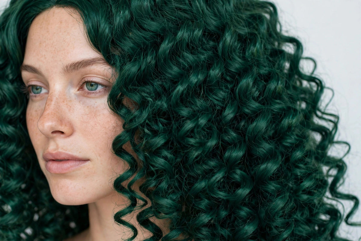 Emerald Green long curly ombre cosplay wig - close-up of curls and ombre color