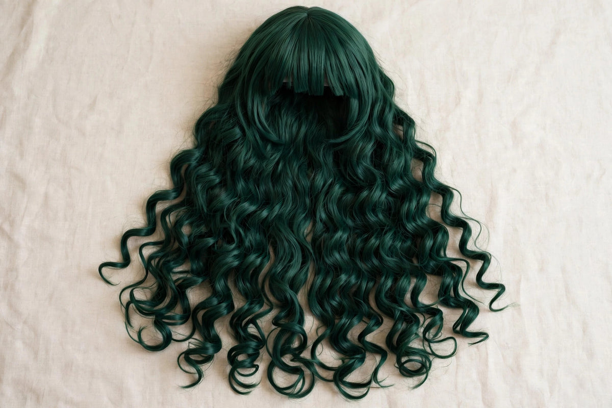 Emerald Green long curly ombre cosplay wig - flat lay
