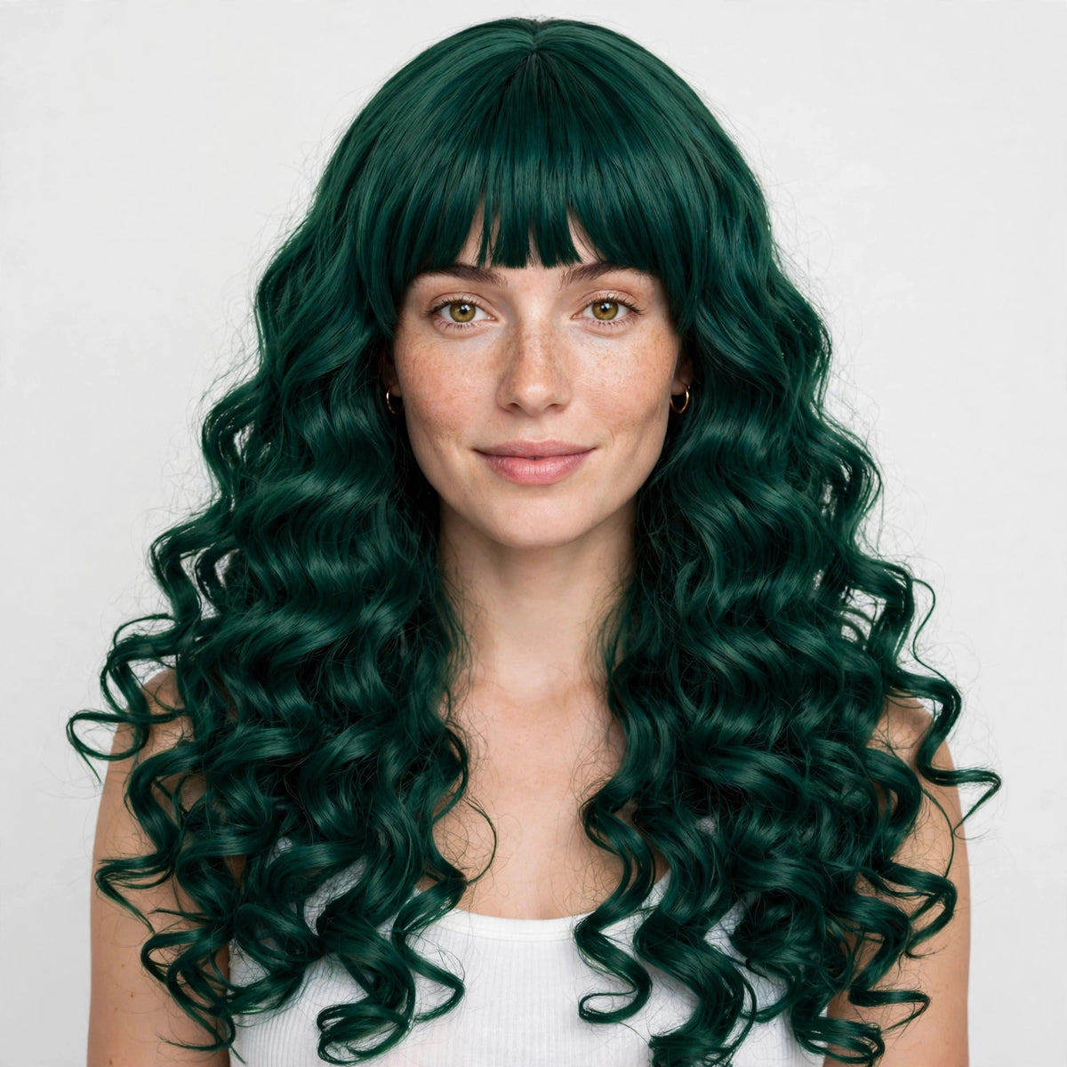 Emerald Green long curly ombre cosplay wig - front view on model