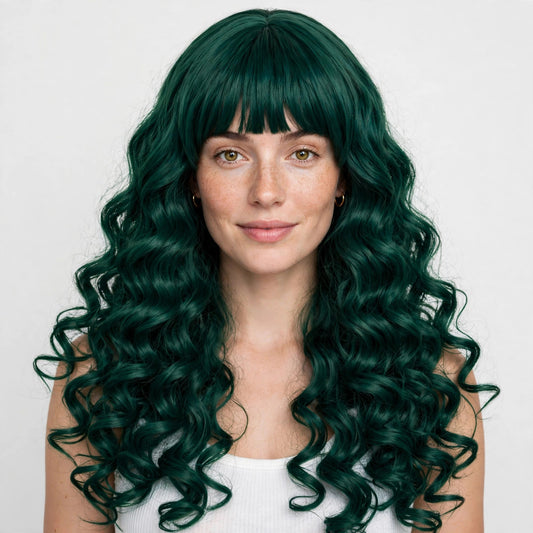 Emerald Green long curly ombre cosplay wig - front view on model