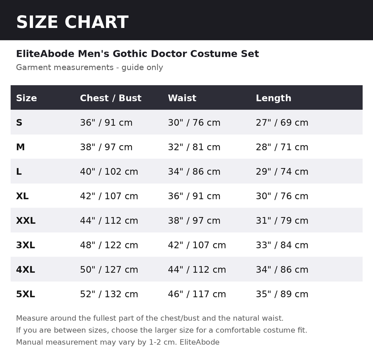 Size chart - guide measurements in inches and cm