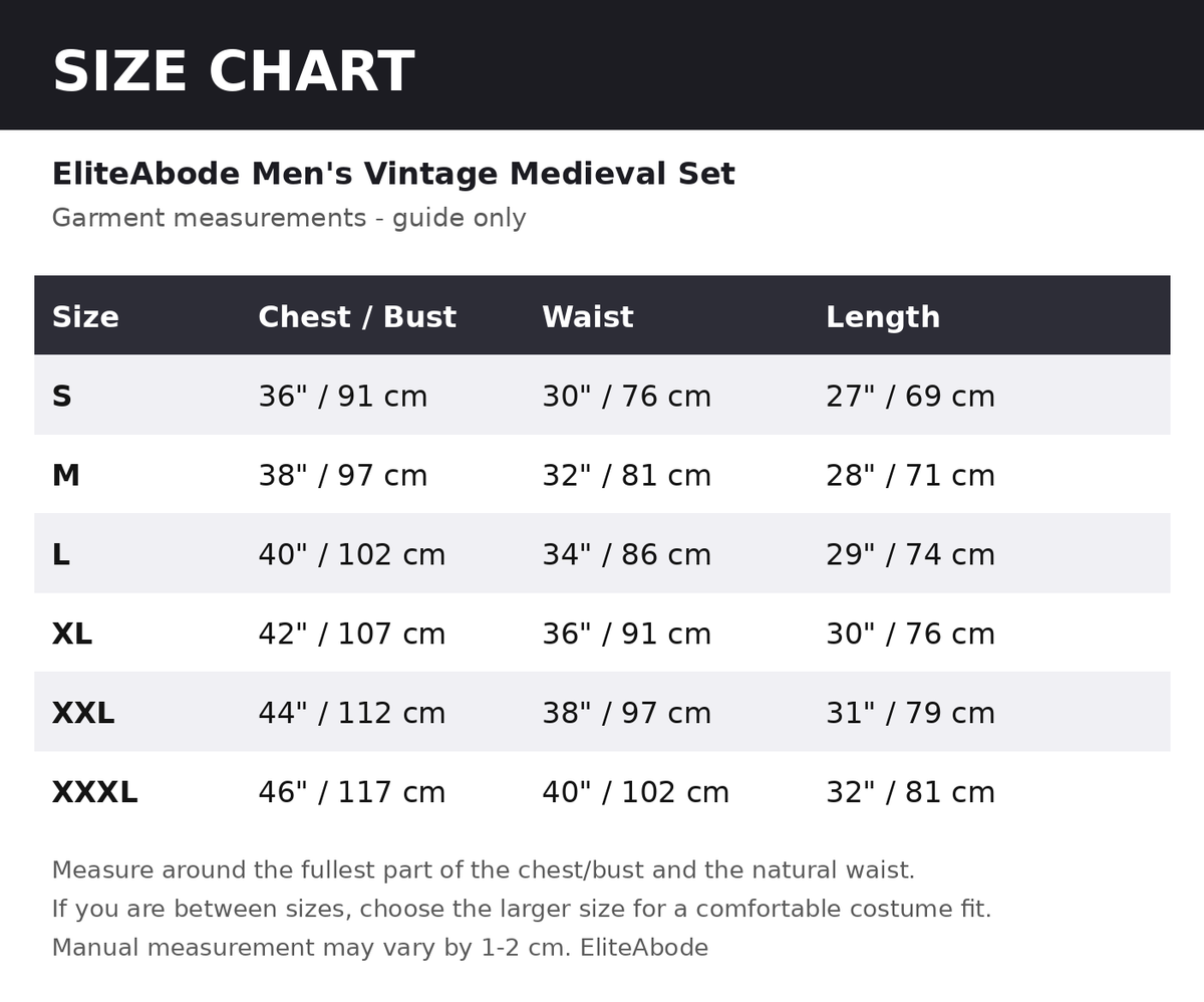 Size chart - guide measurements in inches and cm