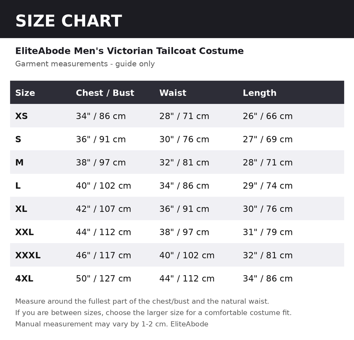 Size chart - guide measurements in inches and cm