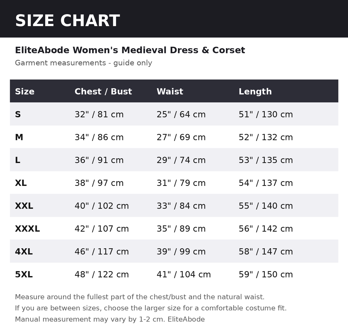Size chart - guide measurements in inches and cm