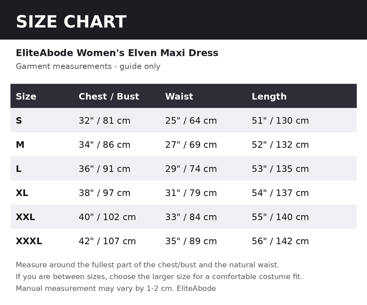 Size chart - guide measurements in inches and cm
