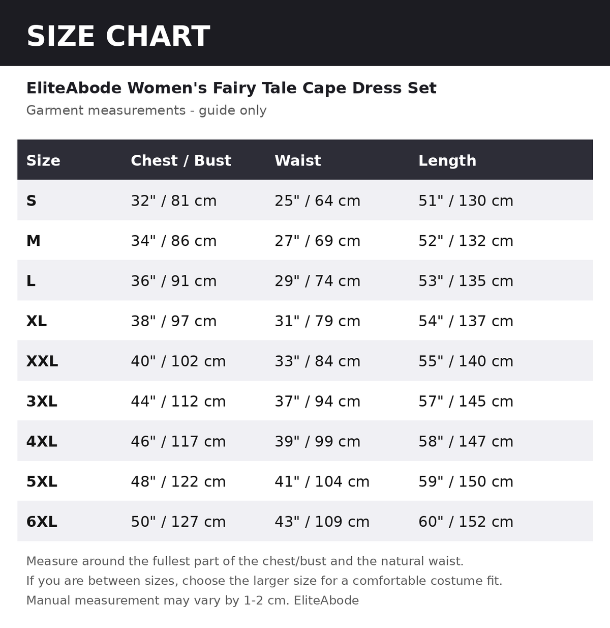 Size chart - guide measurements in inches and cm