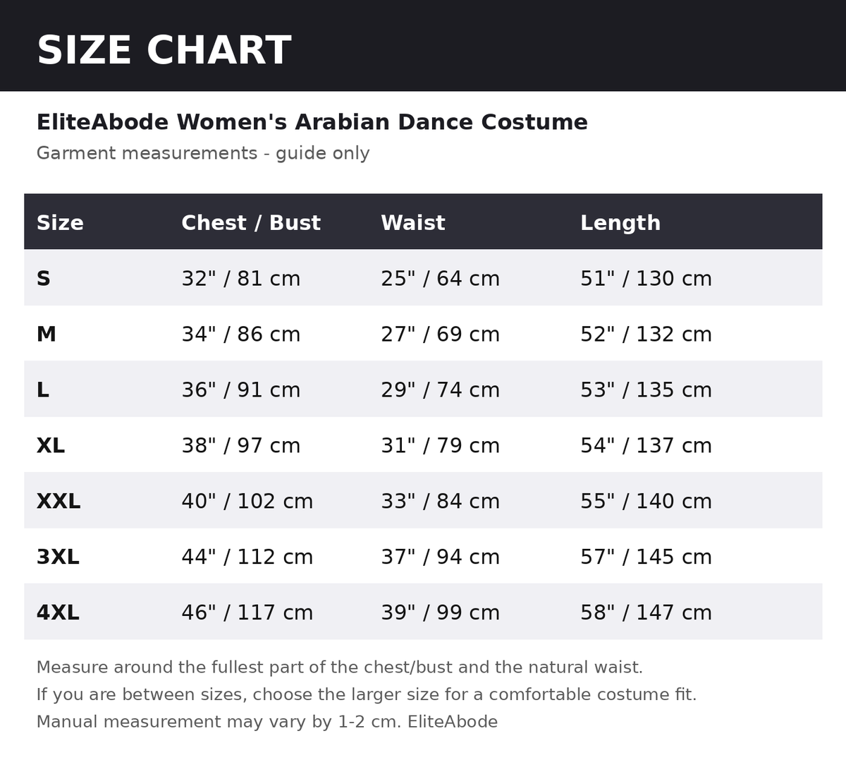 Size chart - guide measurements in inches and cm